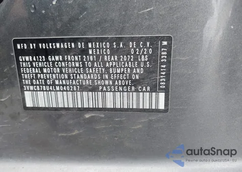 2020 Volkswagen Jetta 1.4T R-Line/1.4T S/1.4T Se z USA, uszkodzony, nr VIN 3VWCB7BU4LM040287